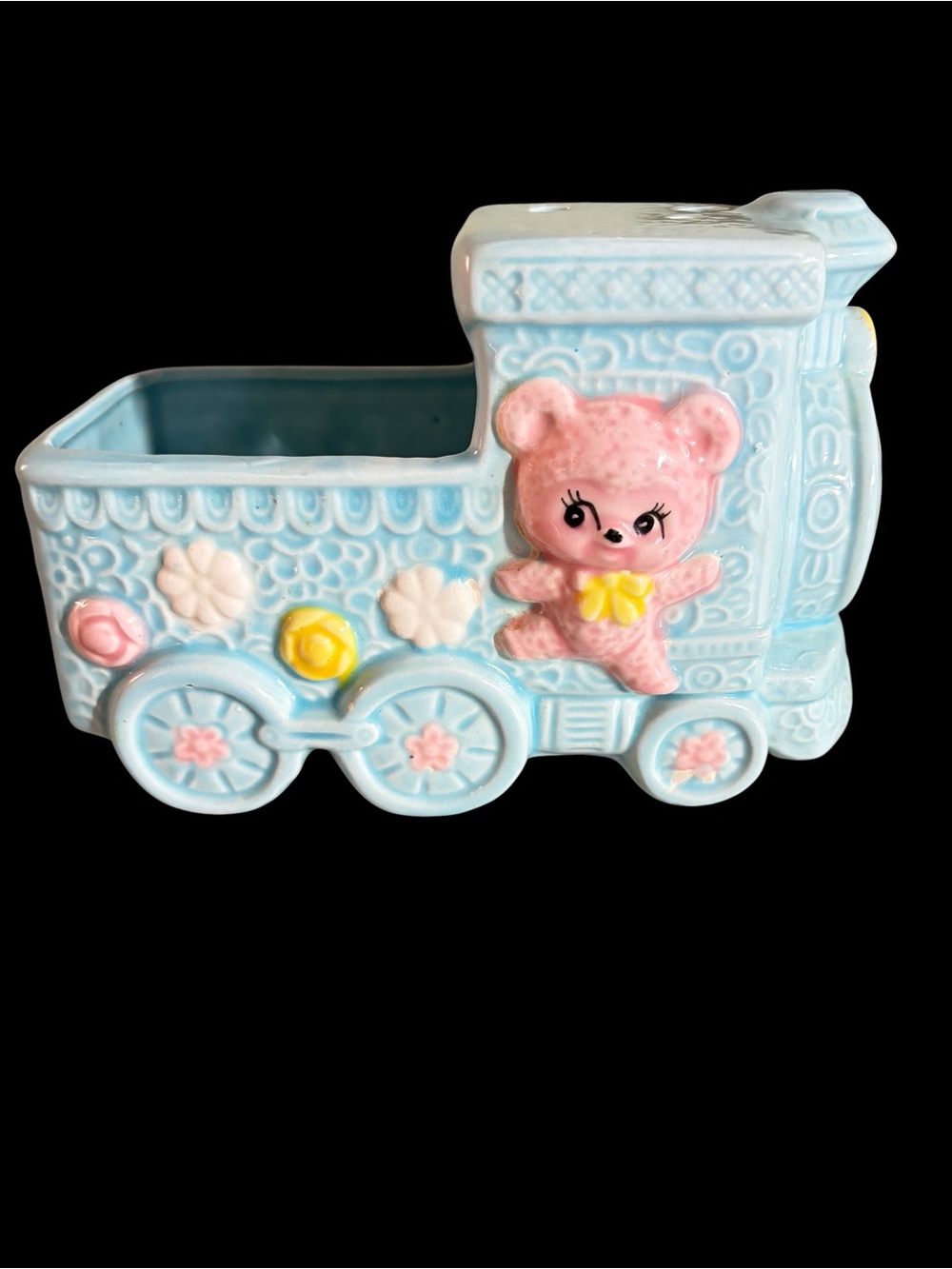 Vintage Relpo MCM Blue Train, Pink Teddy Bear Ceramic Nursery Baby Planter